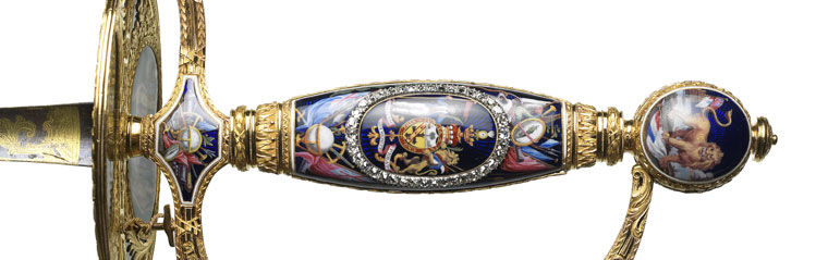 Sword of Honour presented to Lord Nelson by the Corporation of London in 1800. Detail of the gold hilt, enamelled and set with diamonds.